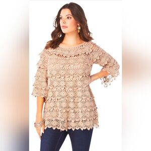 Roamans Womens Plus Size 14/16 Tiered Crochet Sweater Short Sleeve Boho Shirt